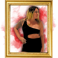 a woman in a black dress posing in front of a gold frame