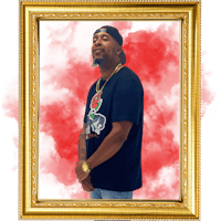 a man in a black t - shirt standing in front of a gold frame