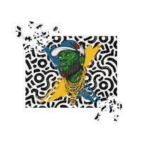 a black and white image of a man with a hat on a black background