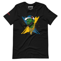 a black t - shirt with an image of a man wearing a hat